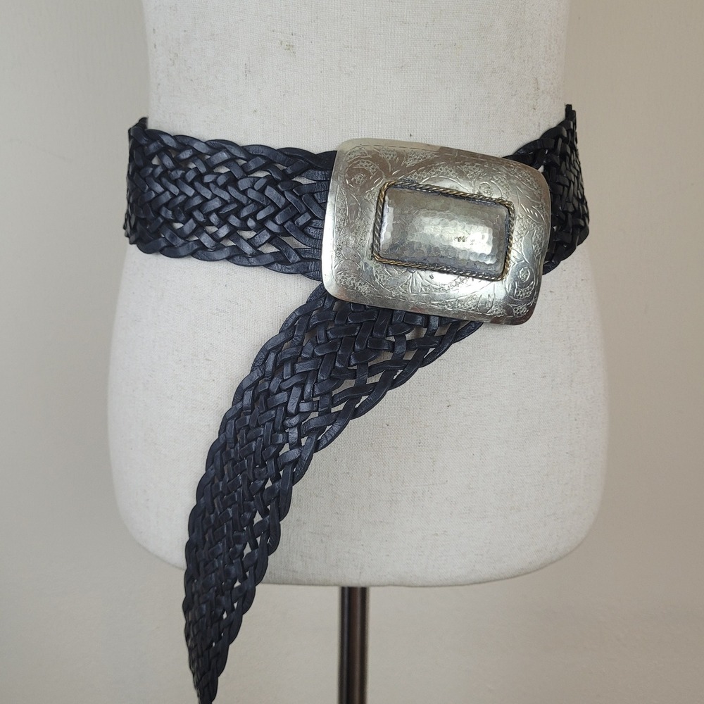 Vintage Black Leather Belt OS Woven Braided Moroccan Boho Etched Buckle Berber